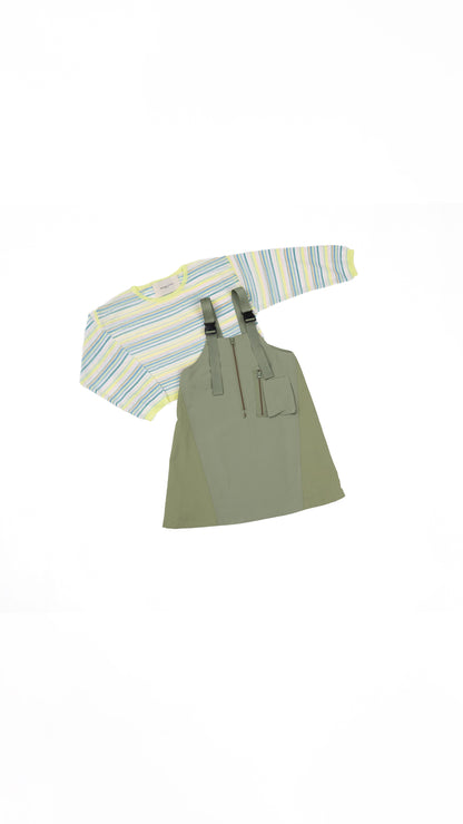 Buckle Strap Pinafore & Striped Knit Top Set