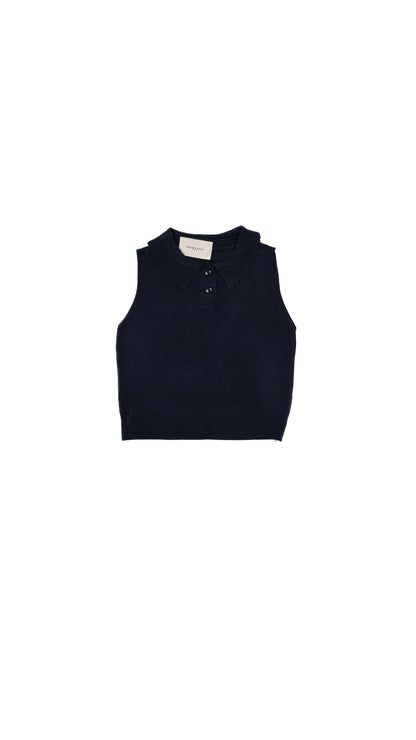 Scallop Ribbed-Collar Knit Polo Vest