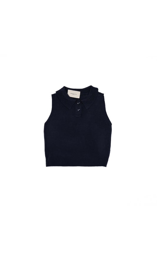 Scallop Ribbed-Collar Knit Polo Vest