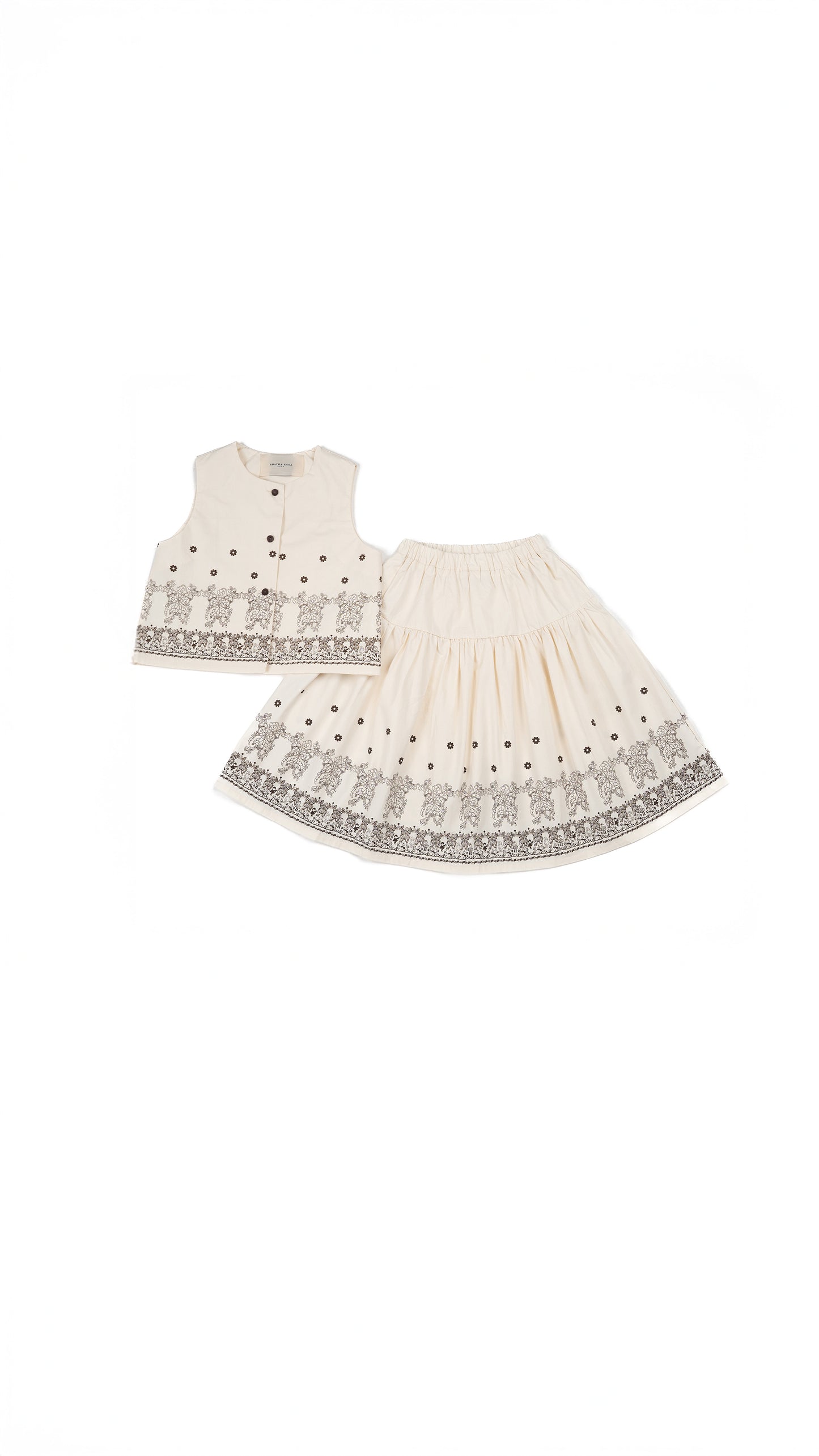 Floral Printed Trapeze Top & Drop-Yoke Skirt