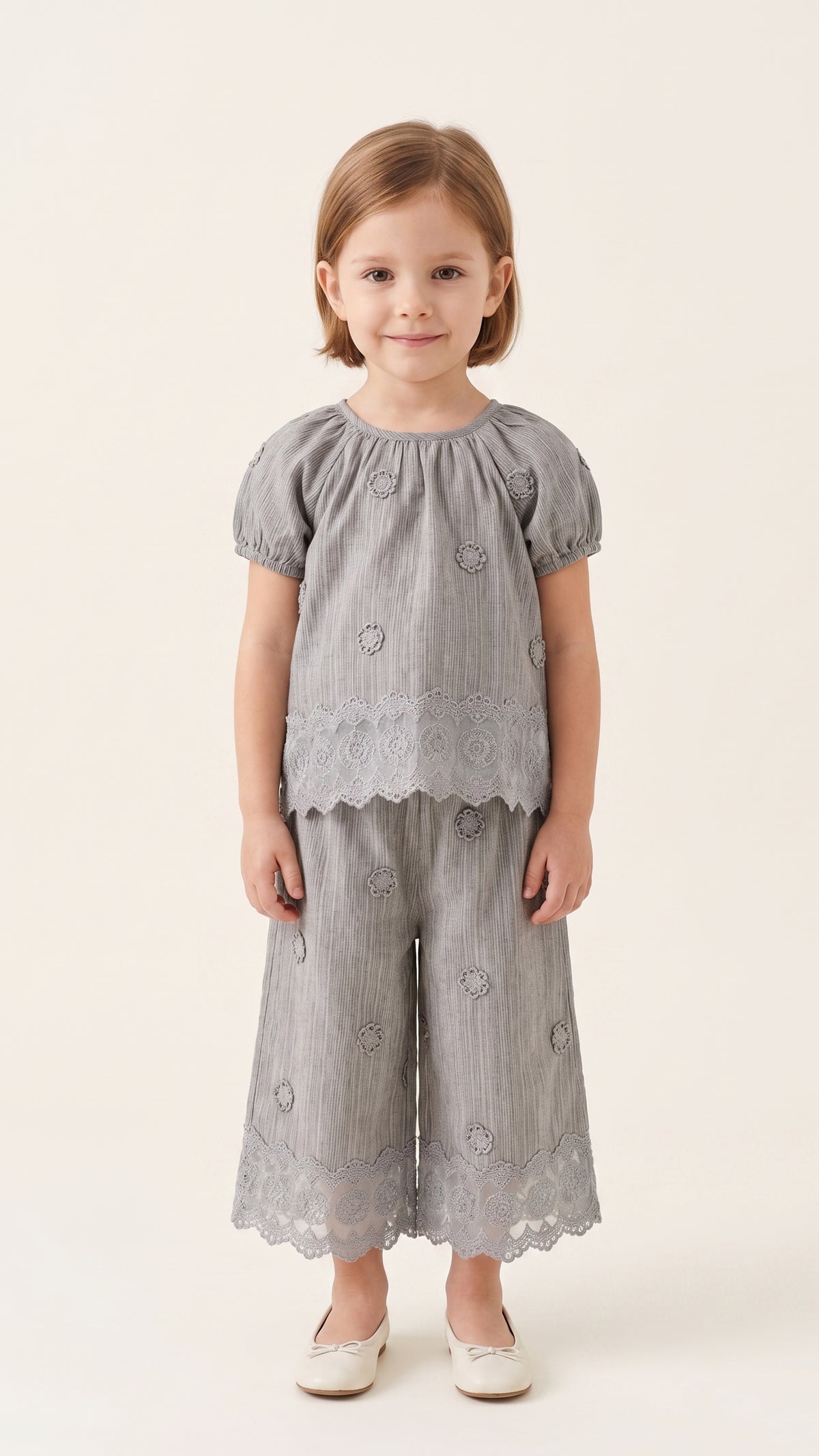 Lace-Hem Floral Embroidered Top & Pants Set