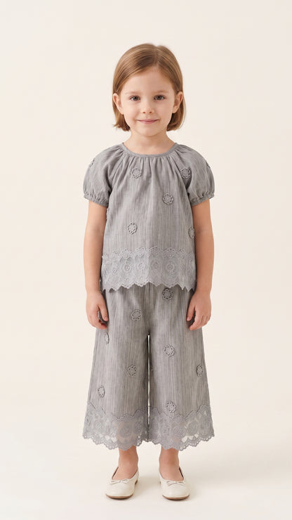 Lace-Hem Floral Embroidered Top & Pants Set