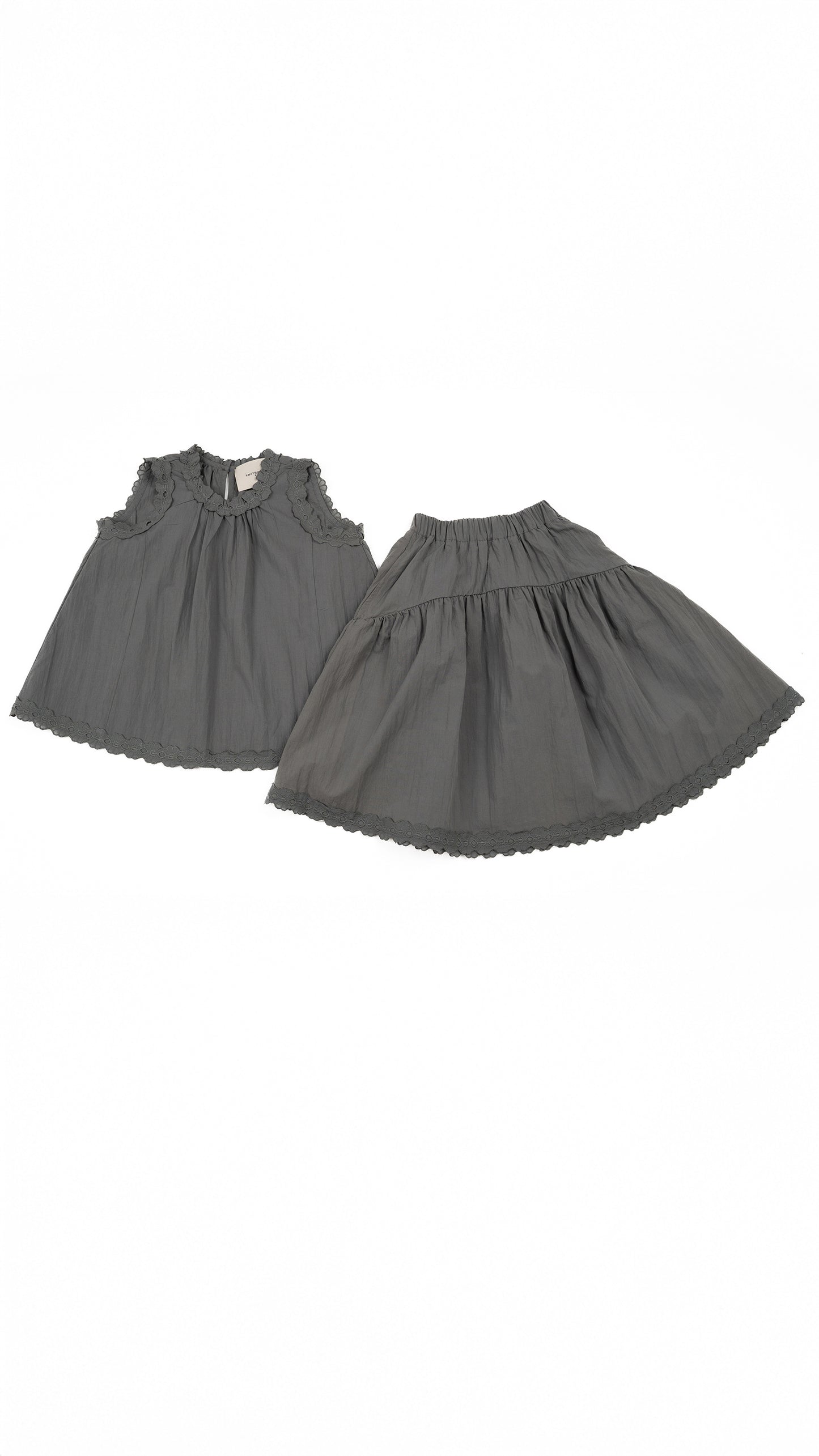 Scalloped Lace-Hem Top & Drop-Yoke Skirt in Grey