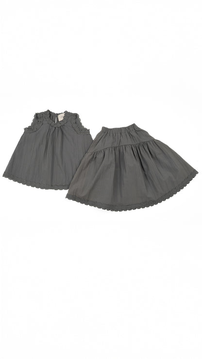 Scalloped Lace-Hem Top & Drop-Yoke Skirt in Grey