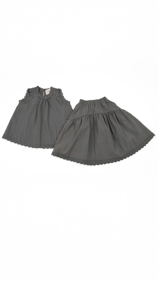 Scalloped Lace-Hem Top & Drop-Yoke Skirt in Grey