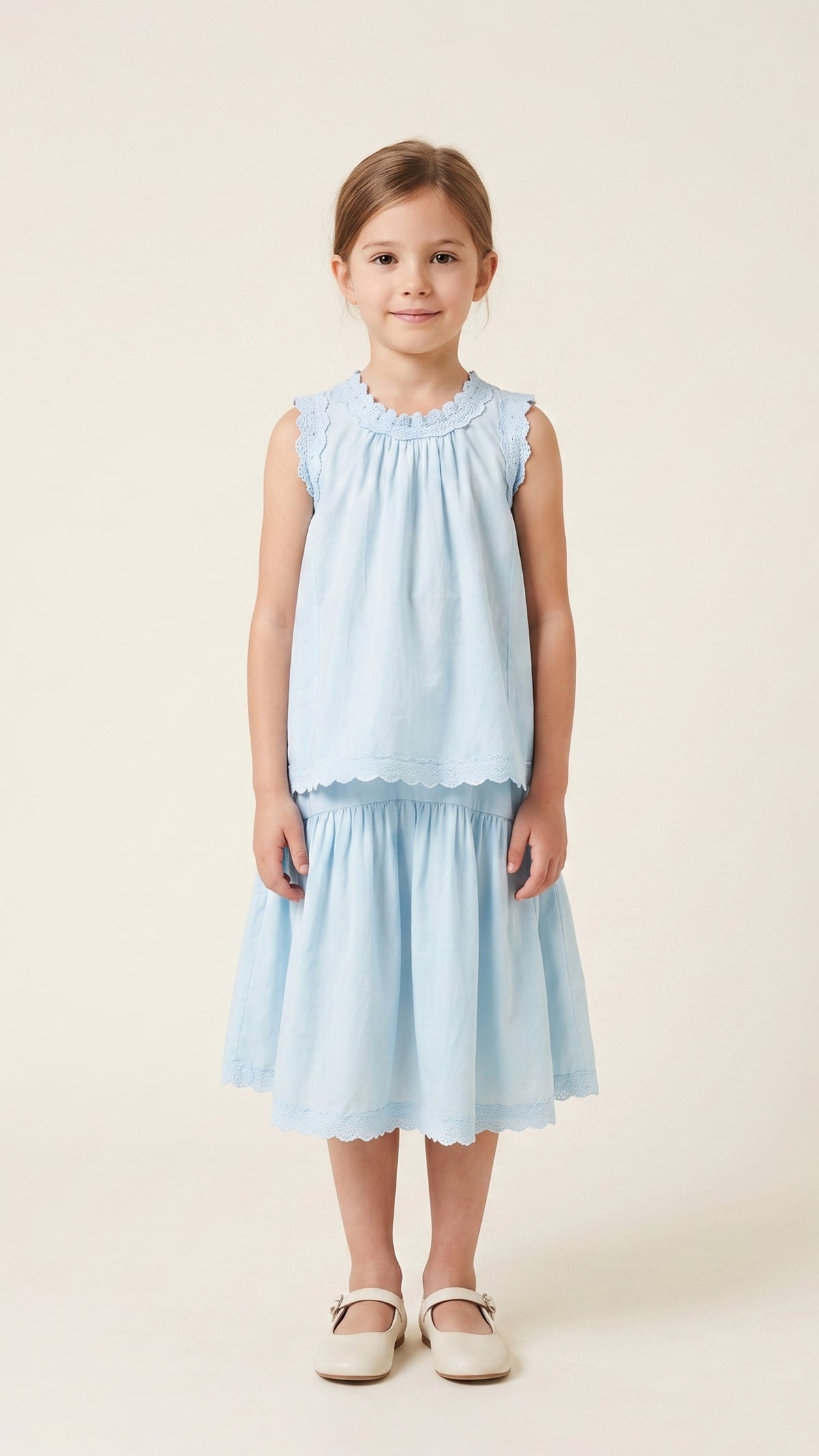 Floral Lace Trim Top & Skirt Set in Sky Blue