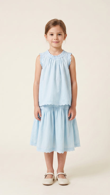 Floral Lace Trim Top & Skirt Set in Sky Blue