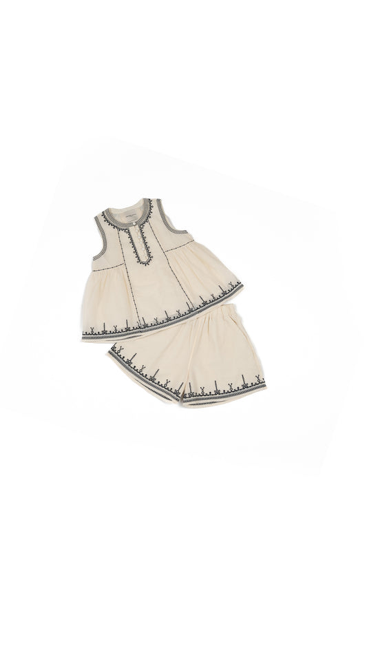 Embroidered Henley-Neck Top With Embroidered Border Wide-Leg Shorts