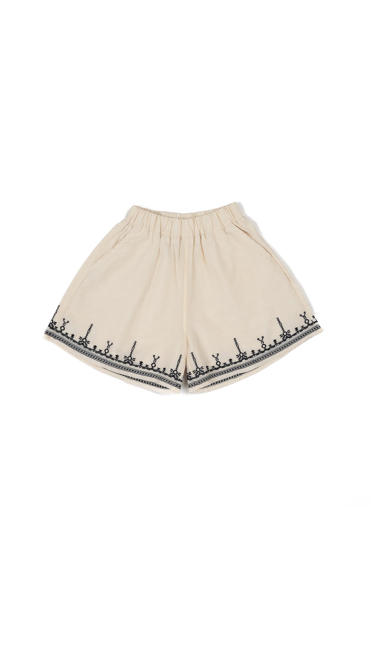 Embroidered Henley-Neck Top With Embroidered Border Wide-Leg Shorts
