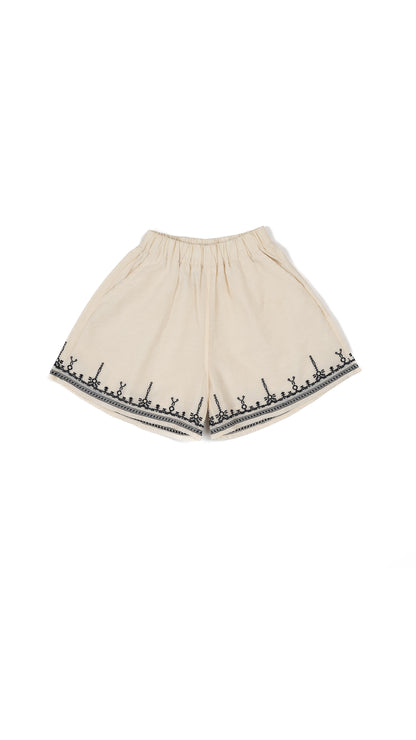 Embroidered Henley-Neck Top With Embroidered Border Wide-Leg Shorts