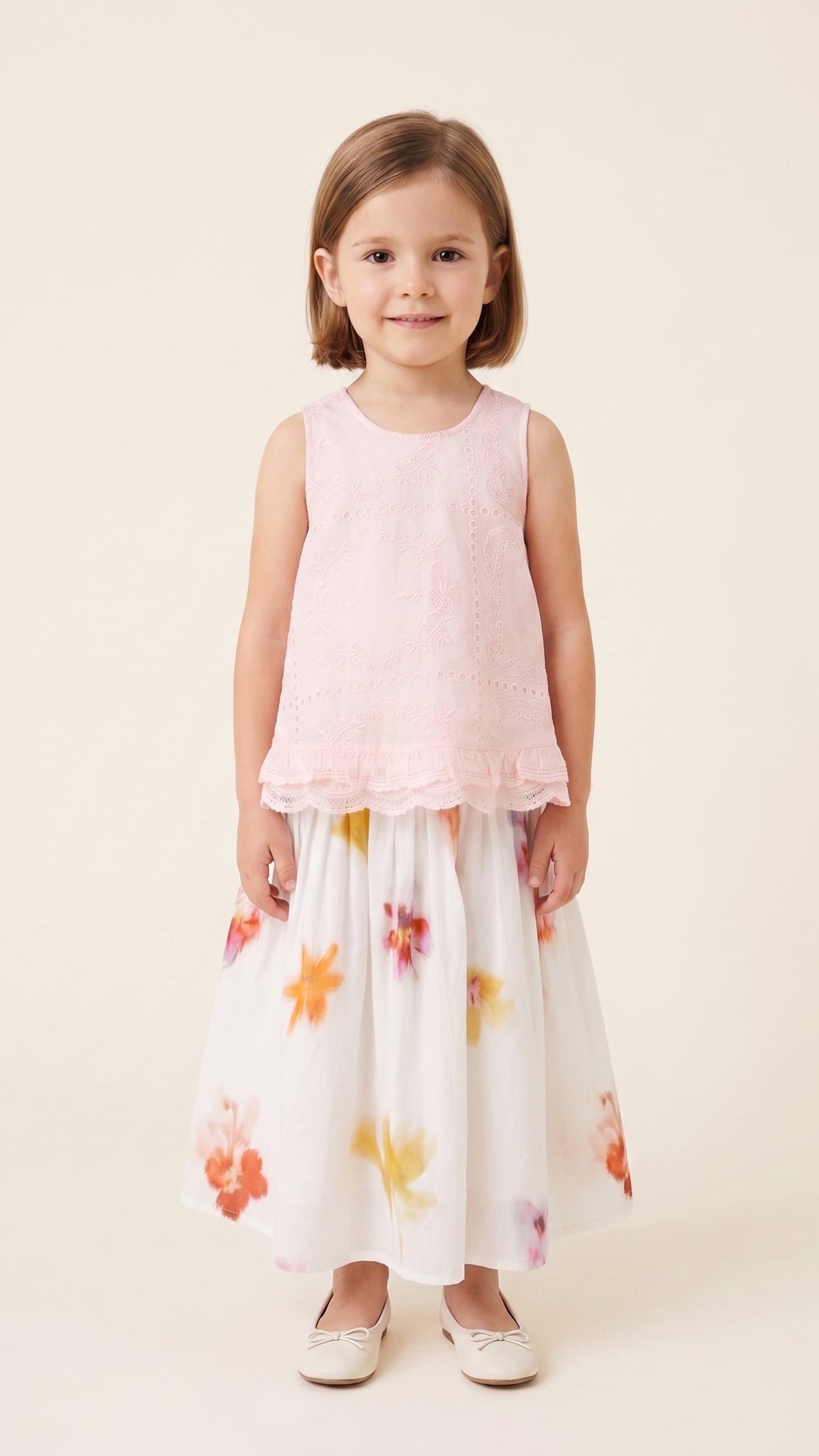 Blurry Floral Print Drop-Yoke Skirt
