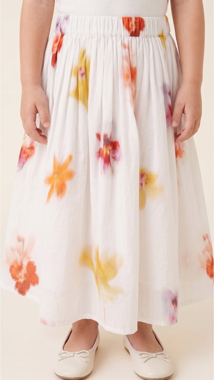 Blurry Floral Print Drop-Yoke Skirt