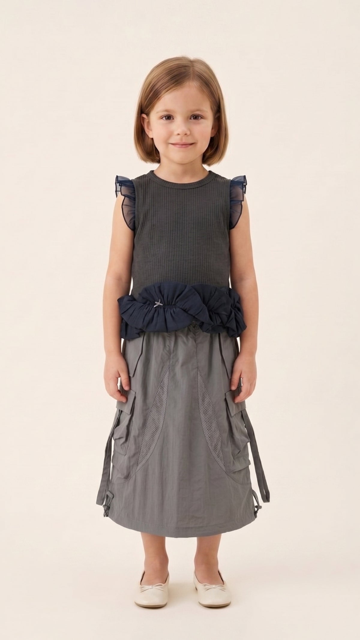 Ruffles and Bow Detail Tank Top in Grey