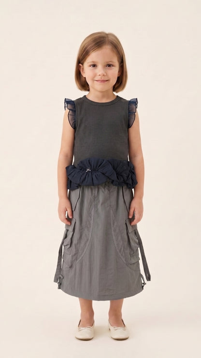Ruffles and Bow Detail Tank Top in Grey