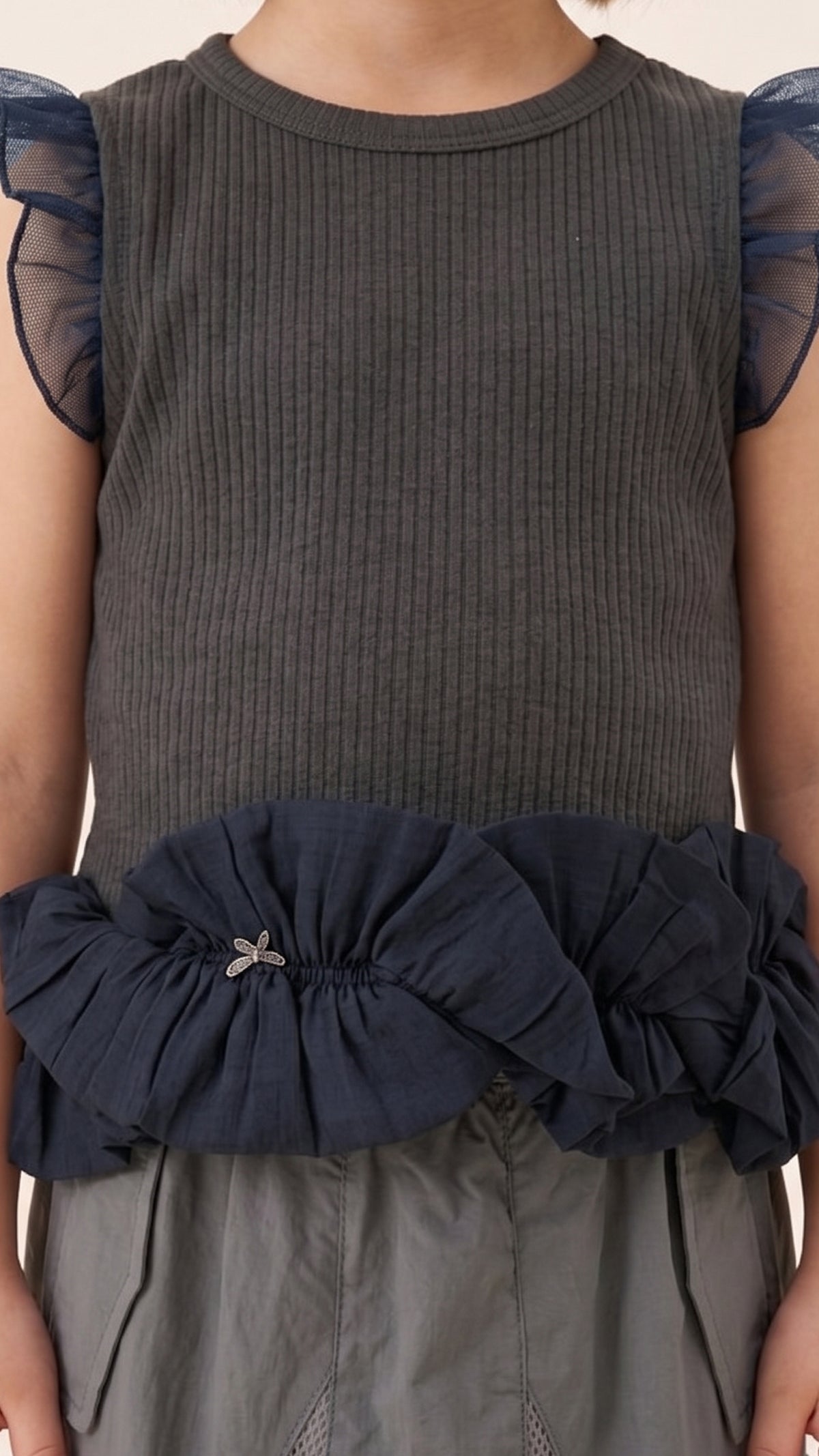 Ruffles and Bow Detail Tank Top in Grey