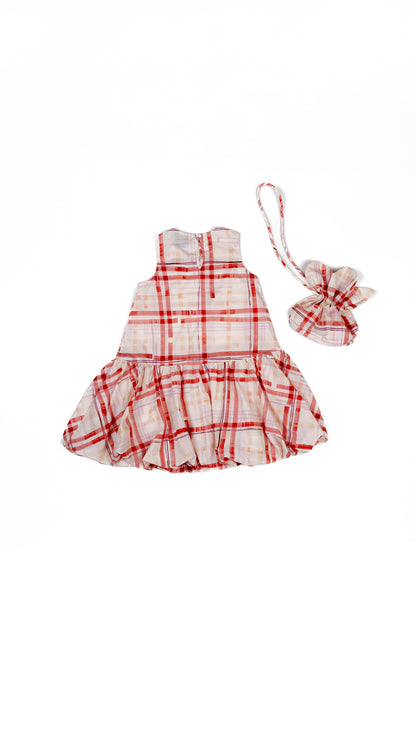 Kitsch Plaid Printed Midi Dress with Sling Flower Bag