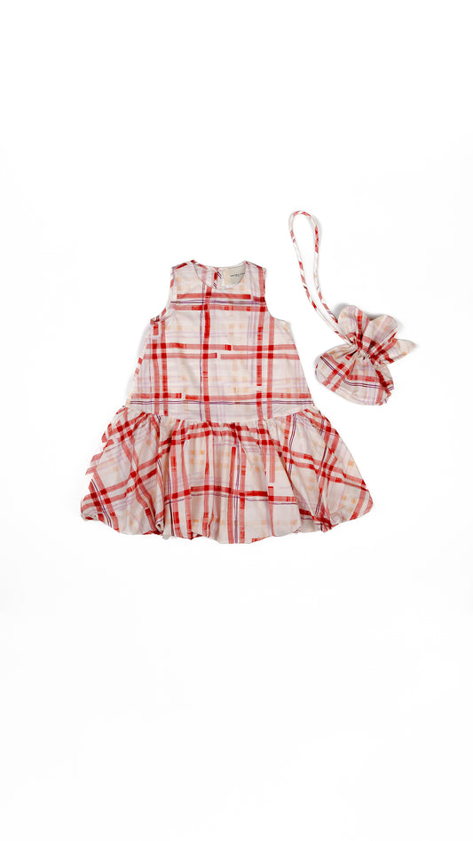 Kitsch Plaid Printed Midi Dress with Sling Flower Bag
