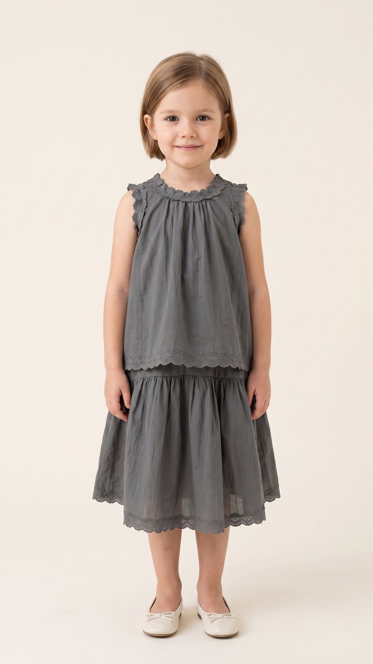 Scalloped Lace-Hem Top & Drop-Yoke Skirt in Grey
