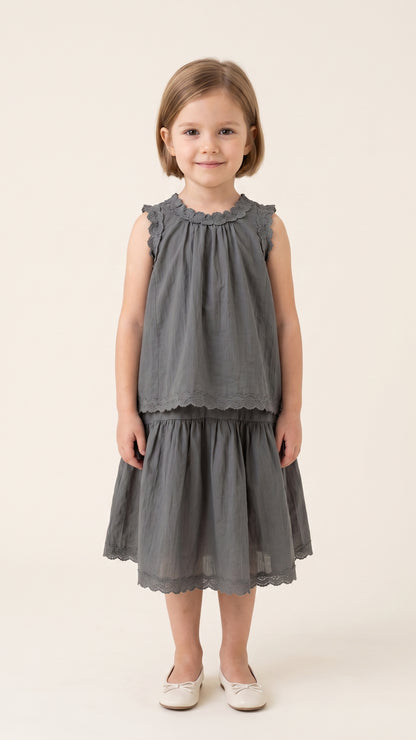 Scalloped Lace-Hem Top & Drop-Yoke Skirt in Grey