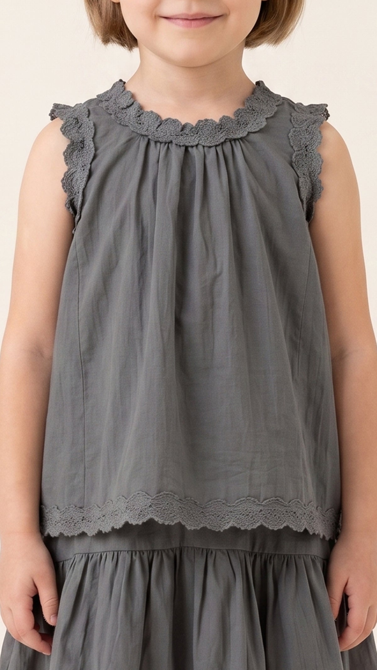 Scalloped Lace-Hem Top & Drop-Yoke Skirt in Grey