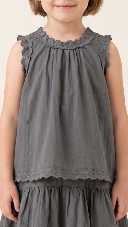 Scalloped Lace-Hem Top & Drop-Yoke Skirt in Grey