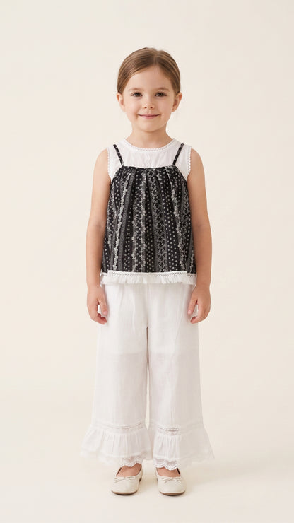 Layered Folk-Print Fringe and Eyelet Top