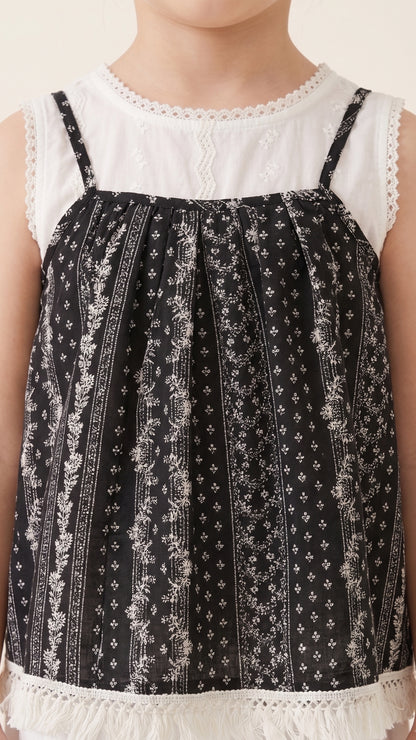 Layered Folk-Print Fringe and Eyelet Top