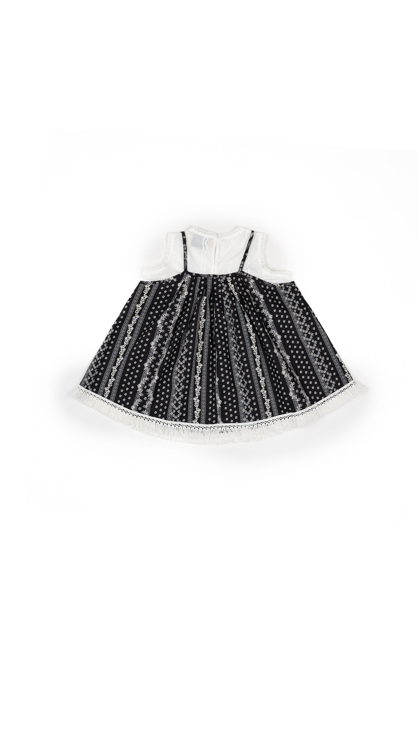 Layered Folk-Print Fringe and Eyelet Top