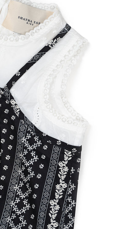 Layered Folk-Print Fringe and Eyelet Top