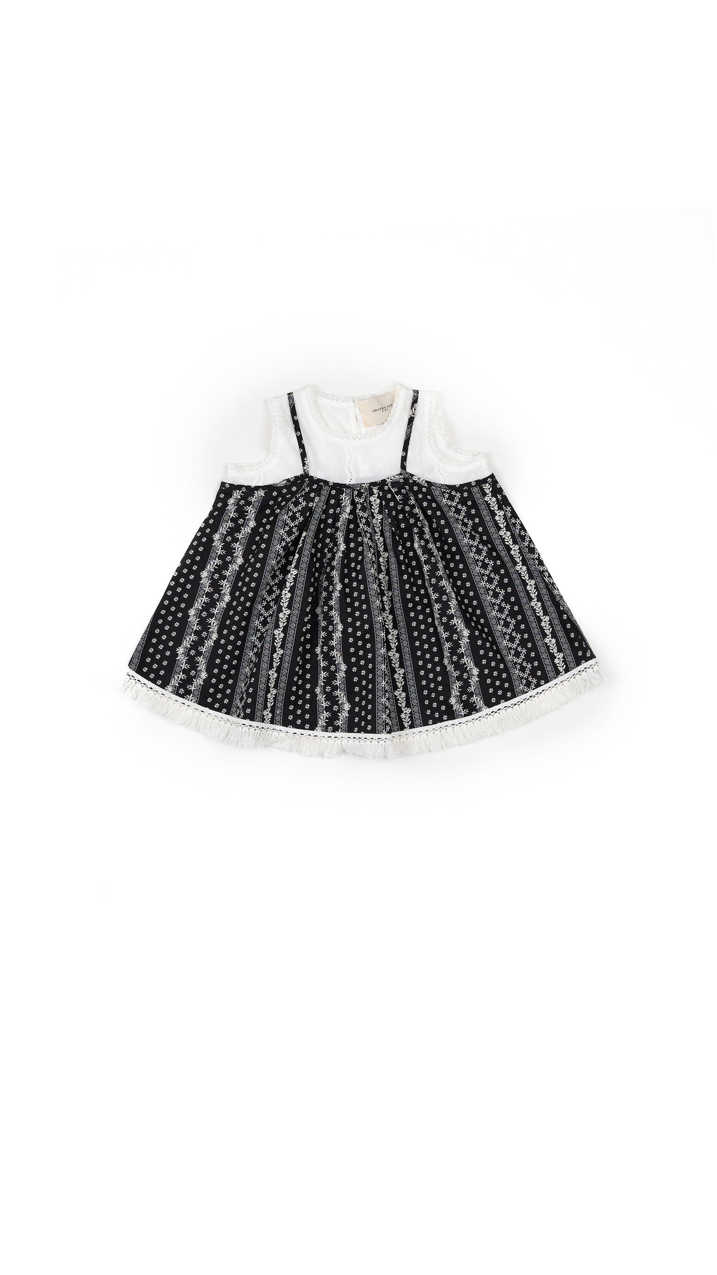 Layered Folk-Print Fringe and Eyelet Top