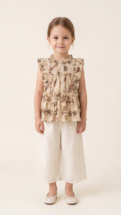Pintucked Lace-Trim Wide-Leg Culottes