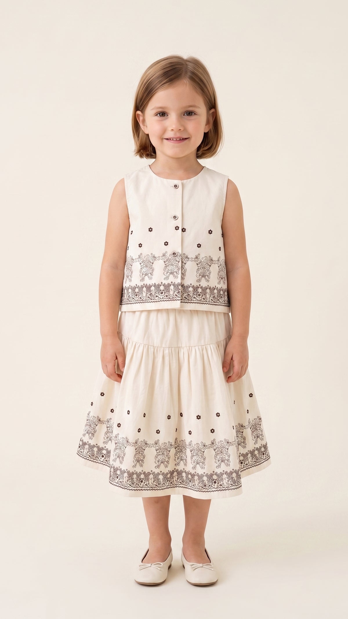 Floral Printed Trapeze Top & Drop-Yoke Skirt