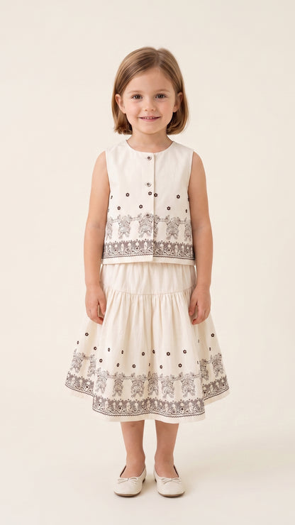 Floral Printed Trapeze Top & Drop-Yoke Skirt