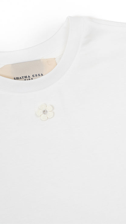 Scallop-Sleeve Floral Appliqué T-Shirt
