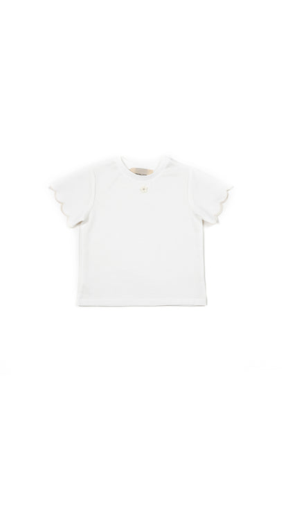Scallop-Sleeve Floral Appliqué T-Shirt