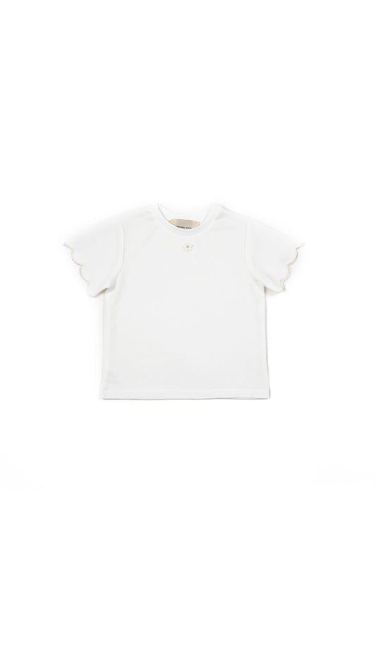 Scallop-Sleeve Floral Appliqué T-Shirt