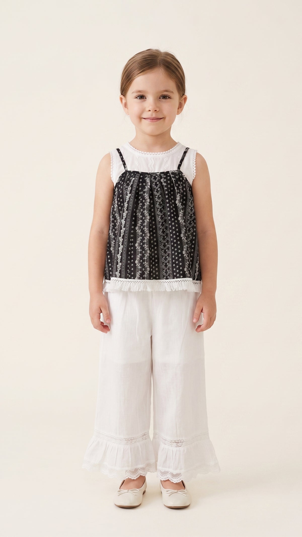 Swallow Embroidered Ruffle Lace-Hem Pants