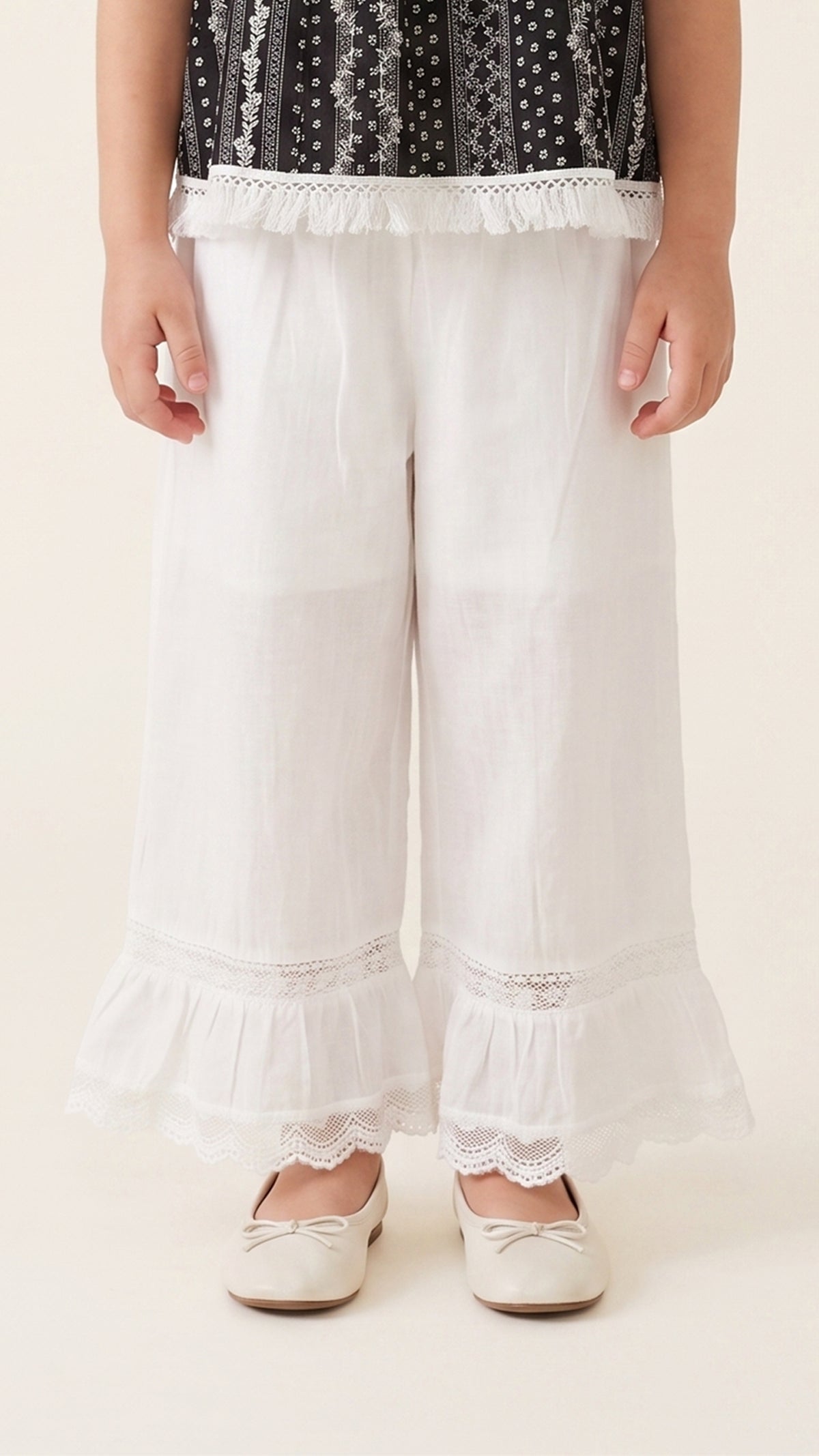 Swallow Embroidered Ruffle Lace-Hem Pants