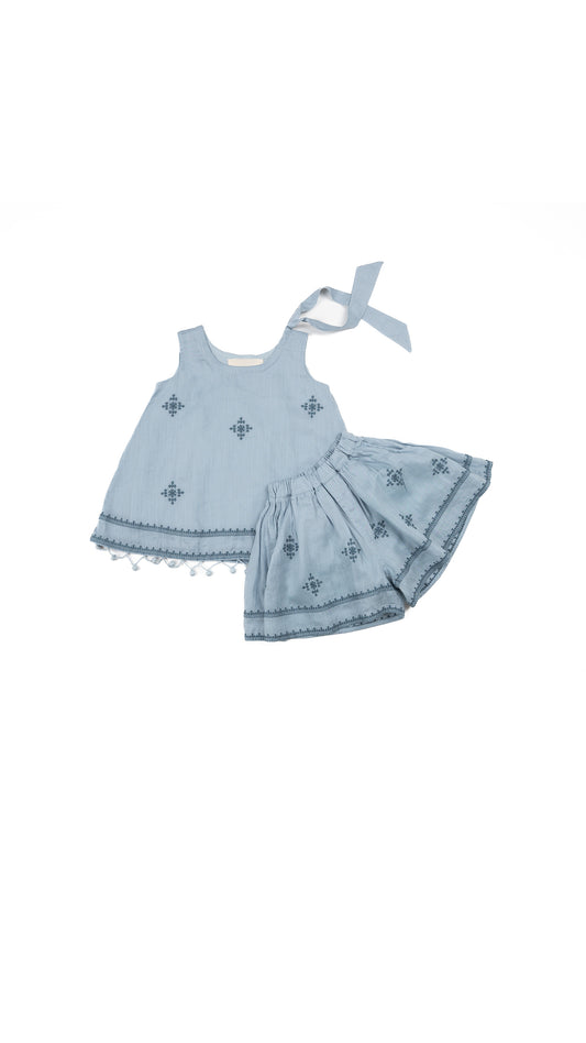 Folkloric Embroidered Tie-Shoulder Top & Shorts Set