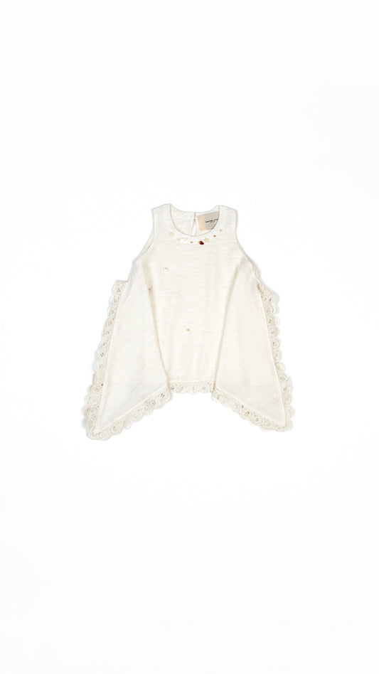 Pearls N' Shells Lace Detail Hanky Hem Top in Beige
