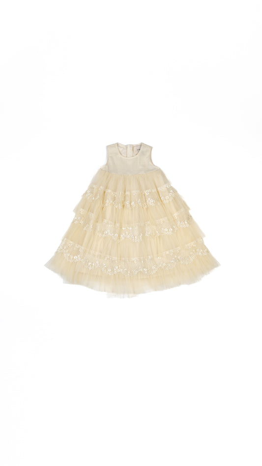 Pleated Tulle N' Lace Tiered Midi Dress