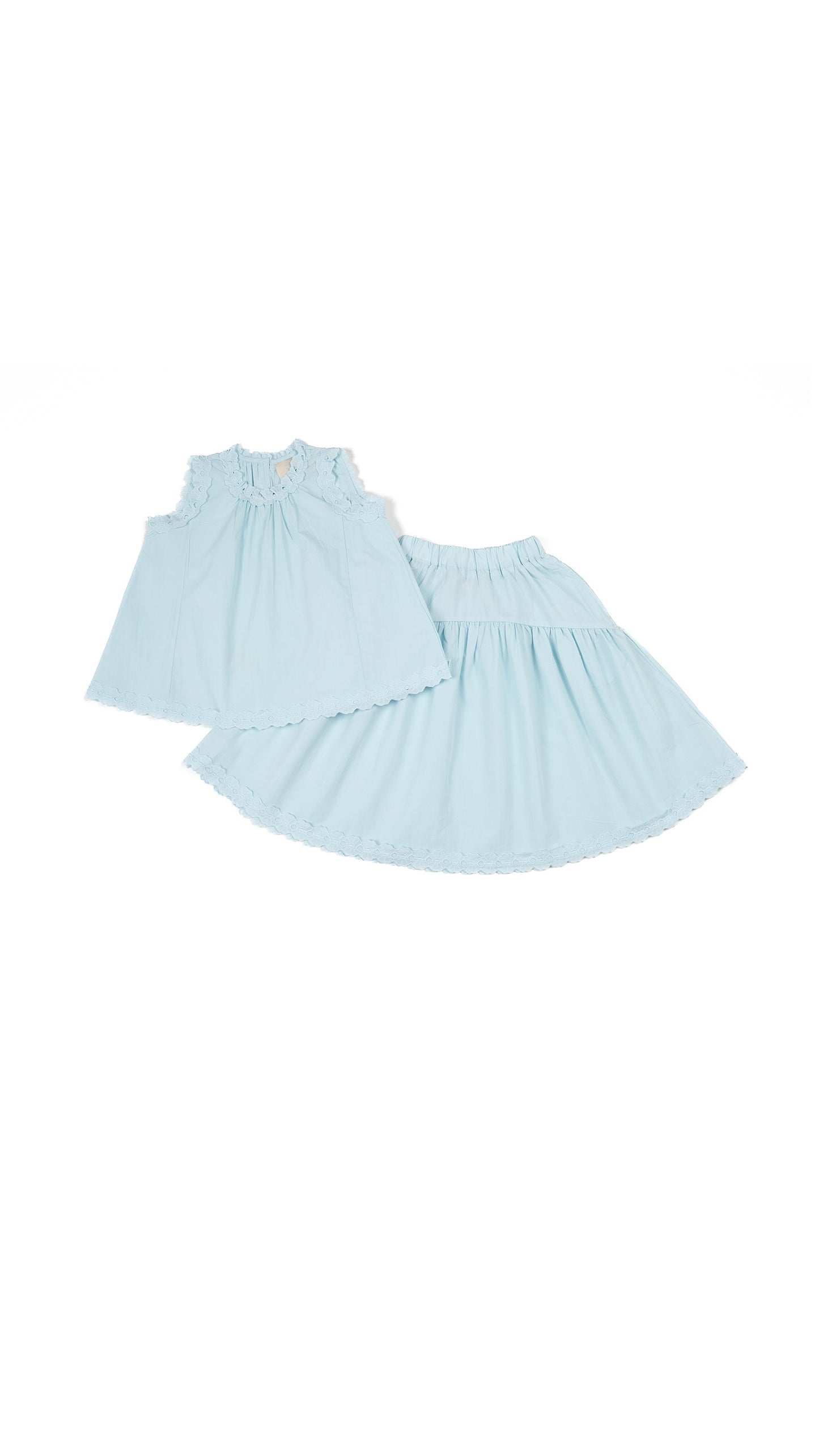 Floral Lace Trim Top & Skirt Set in Sky Blue