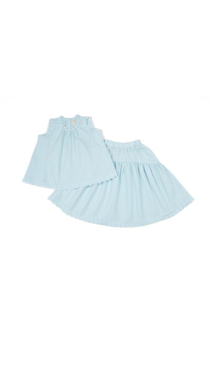 Floral Lace Trim Top & Skirt Set in Sky Blue