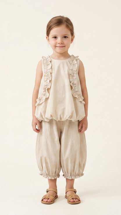 Ruffle Detail Bubble Hem Top in Beige