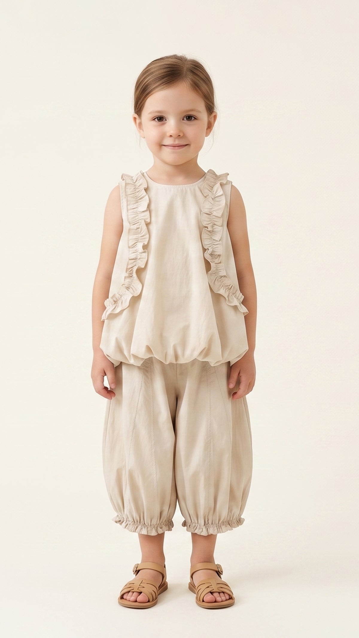Ruffle-Hem Balloon Culottes in Beige
