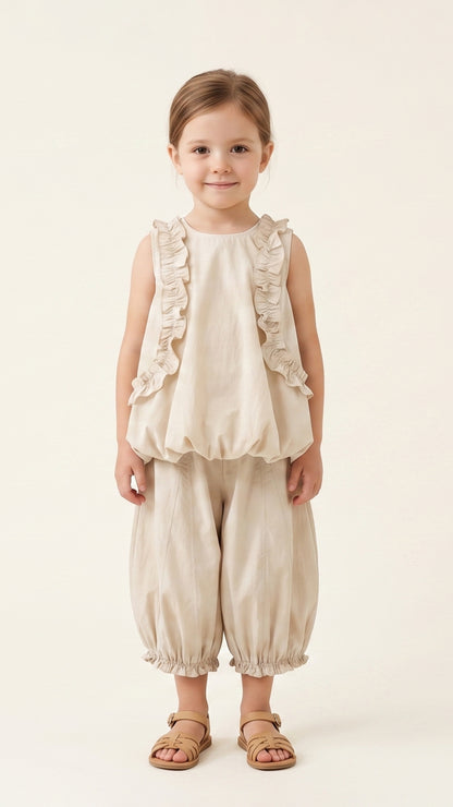 Ruffle-Hem Balloon Culottes in Beige