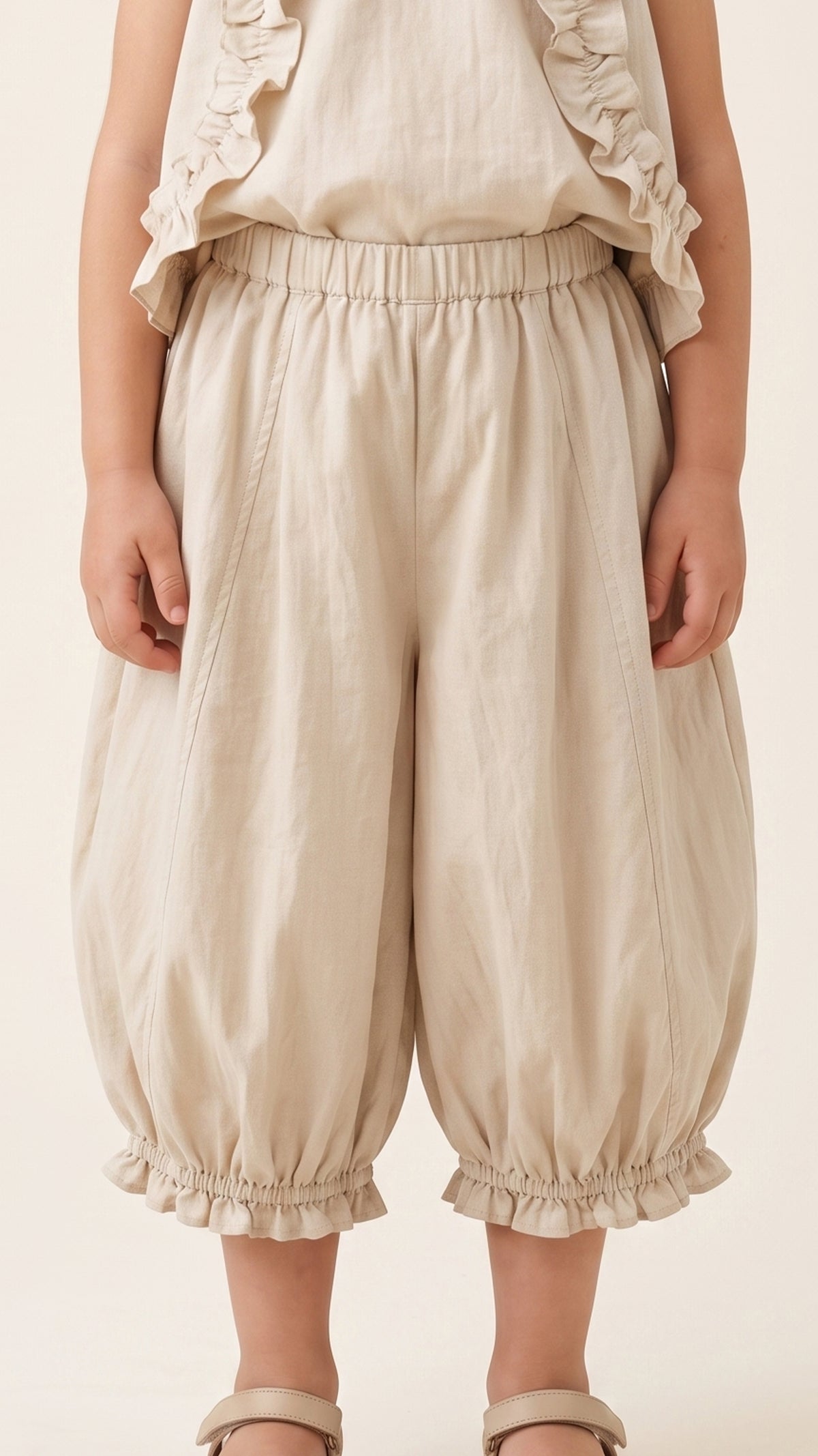 Ruffle-Hem Balloon Culottes in Beige