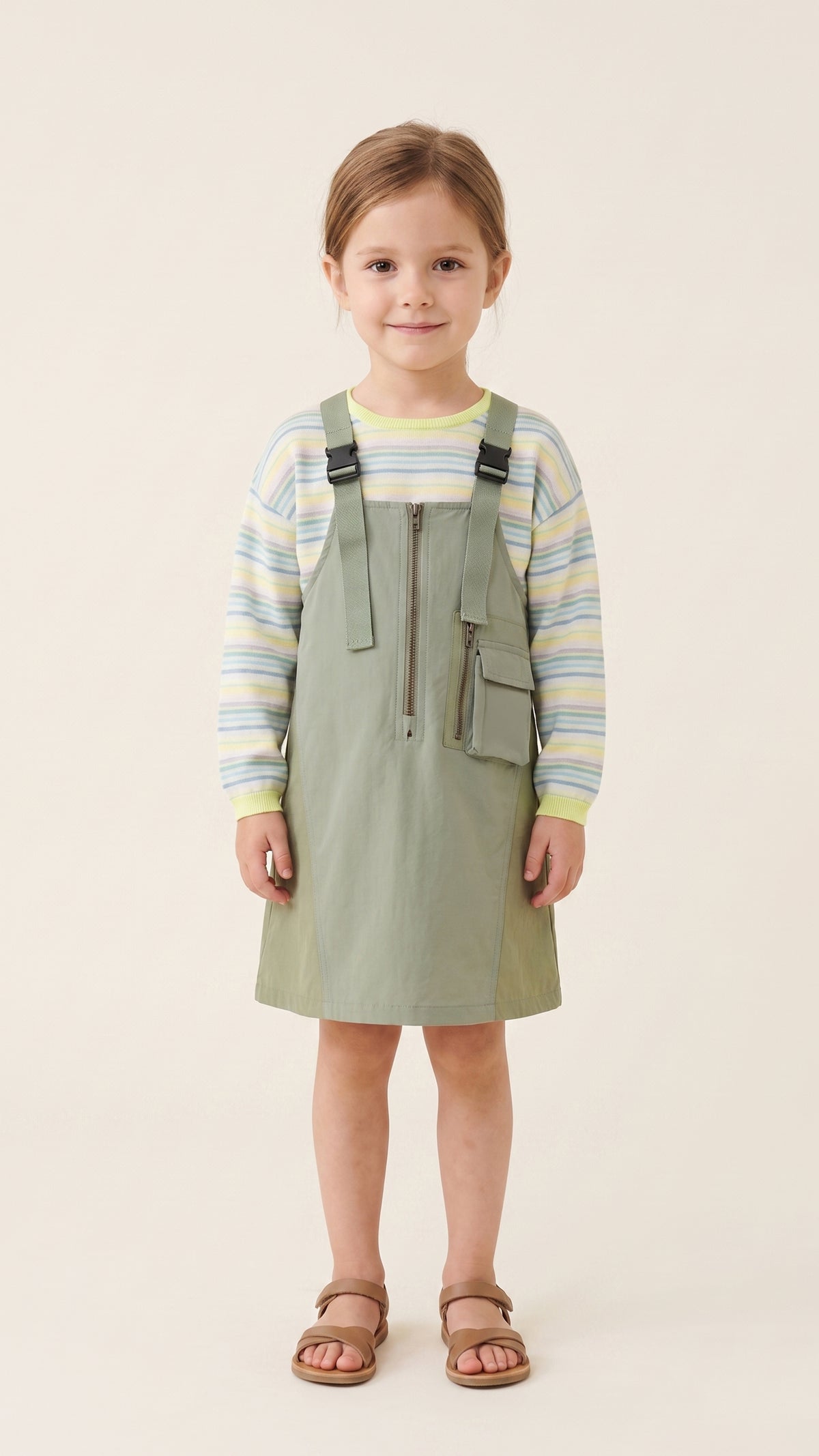 Buckle Strap Pinafore & Striped Knit Top Set