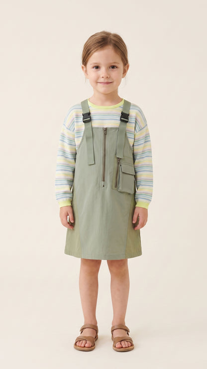 Buckle Strap Pinafore & Striped Knit Top Set