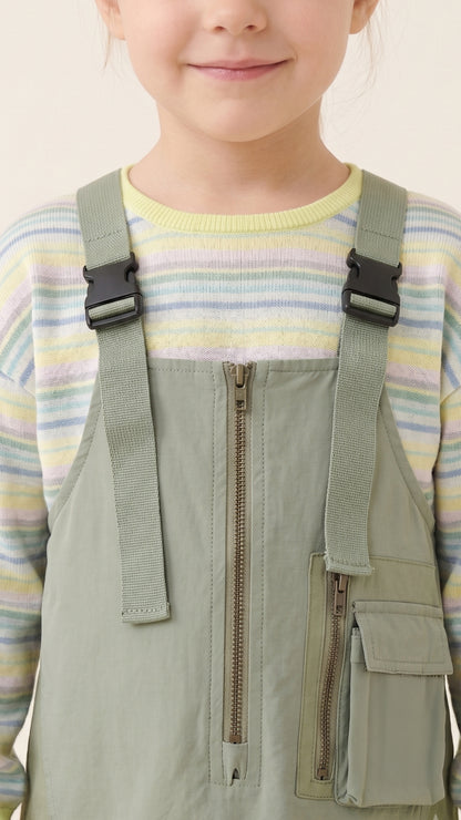 Buckle Strap Pinafore & Striped Knit Top Set